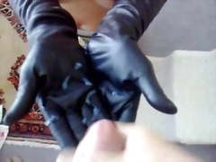 Cum all over her leather gloves