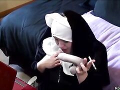 Smoking Cigarette Nun Fills Asshole with Large Cock Dildo Live Cam Religious Blasphemy Church Fun