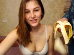 Slut eats banana with her gay friend