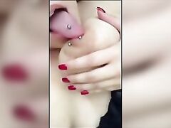 Cassy Biting and Licking own Pierced Nipples
