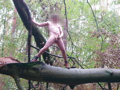 Stroke & jerk naked on a tree with slow motion cumshot
